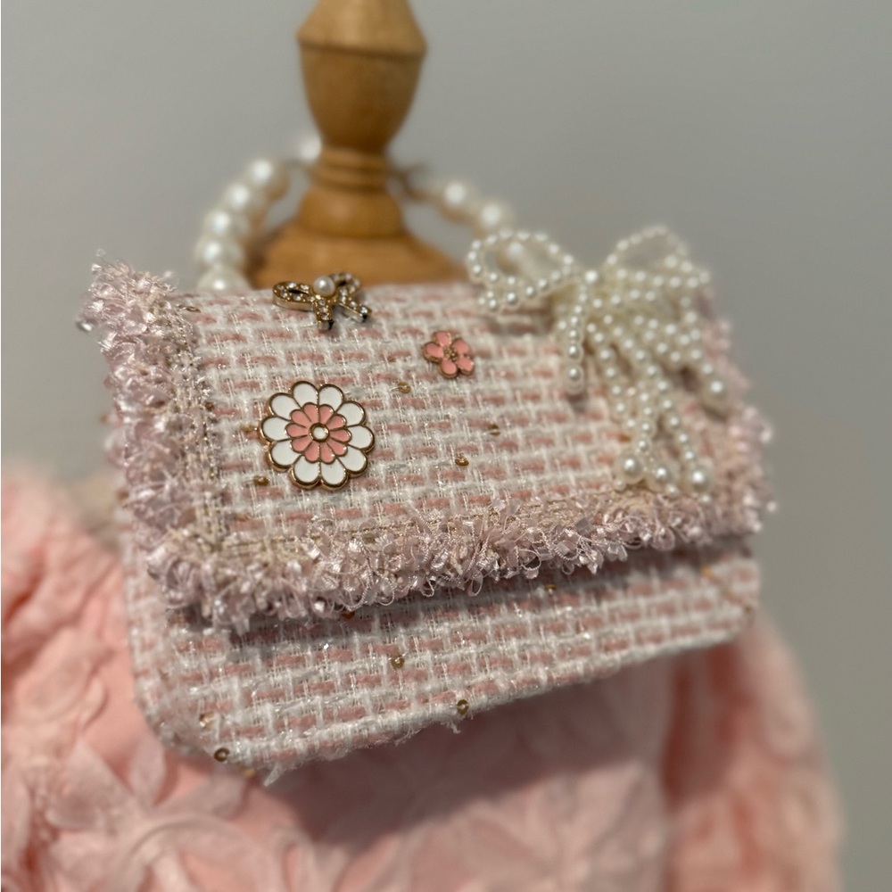 Pink Tweed Top Handle Handbag with Pearl Accents Boutique Fashion - Picture 2 of 2